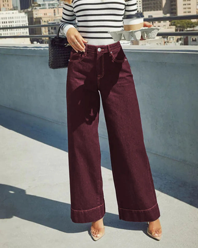 Burgundy High-Waist Wide-Leg Jeans Women