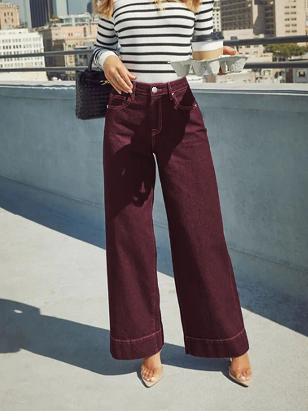 Burgundy High-Waist Wide-Leg Jeans Women