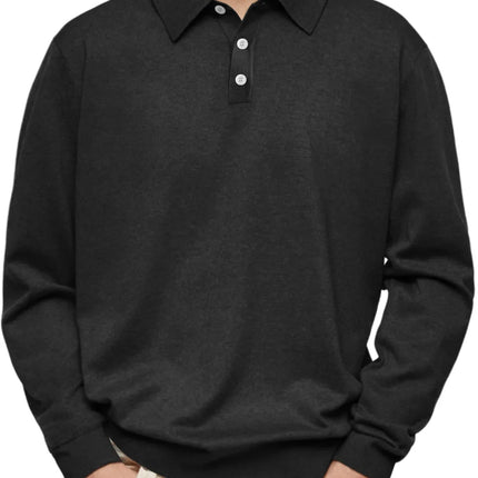 Men’s Long-Sleeve V-Collar Solid Polo Shirt – Loose Fit Casual Knitwear