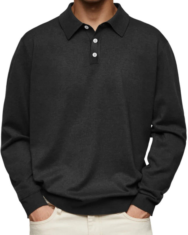 Men’s Long-Sleeve V-Collar Solid Polo Shirt – Loose Fit Casual Knitwear