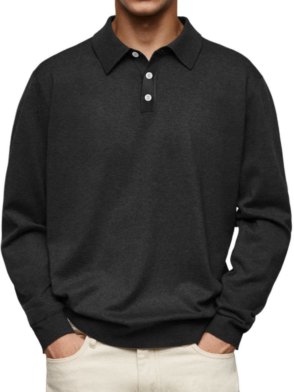 Men’s Long-Sleeve V-Collar Solid Polo Shirt – Loose Fit Casual Knitwear-HighTouch