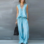 Summer - Women Sleeveless Ruffle Top & Pants Resort Set