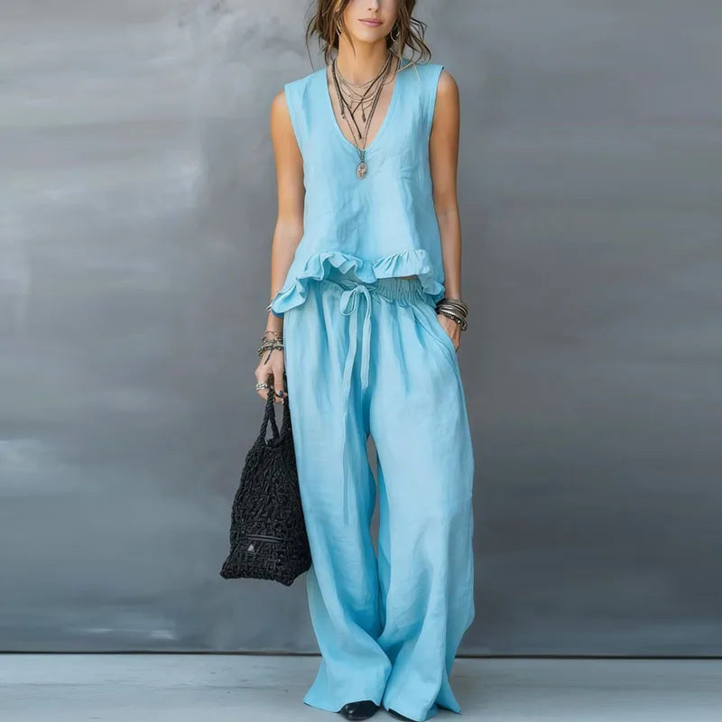 Summer - Women Sleeveless Ruffle Top & Pants Resort Set