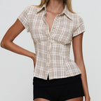 Plaid Button-Down Shirt – 90s Summer Top for Women-HighTouch