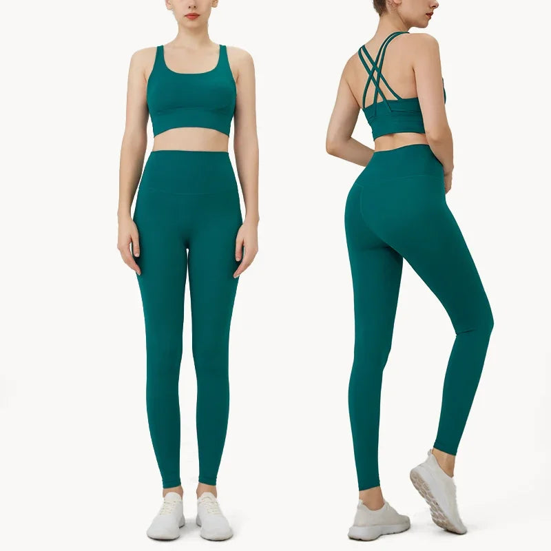 Summer New 2 Piece Yoga Clothes Women's Tracksuit Athletic Cross Back Nylon Yoga Top Women Sports Bra Leggings Pilates Fitness-HighTouch