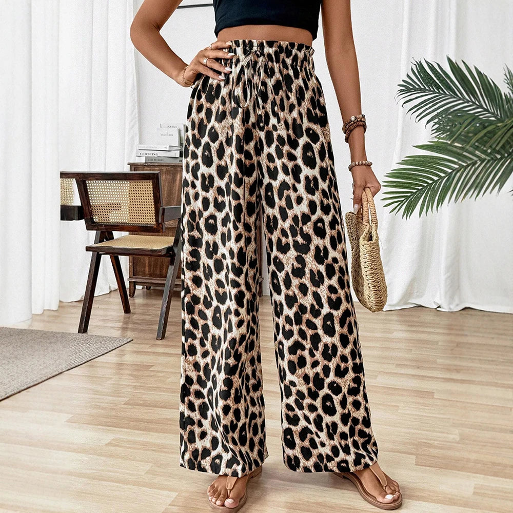 Mia Muse Leopard Print High-Waist Straight-Cut Pants – Stylish Summer Casual