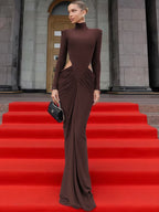 Women’s Elegant Maxi Dress Long Sleeve Turtleneck Ruched Hollow Out-HighTouch