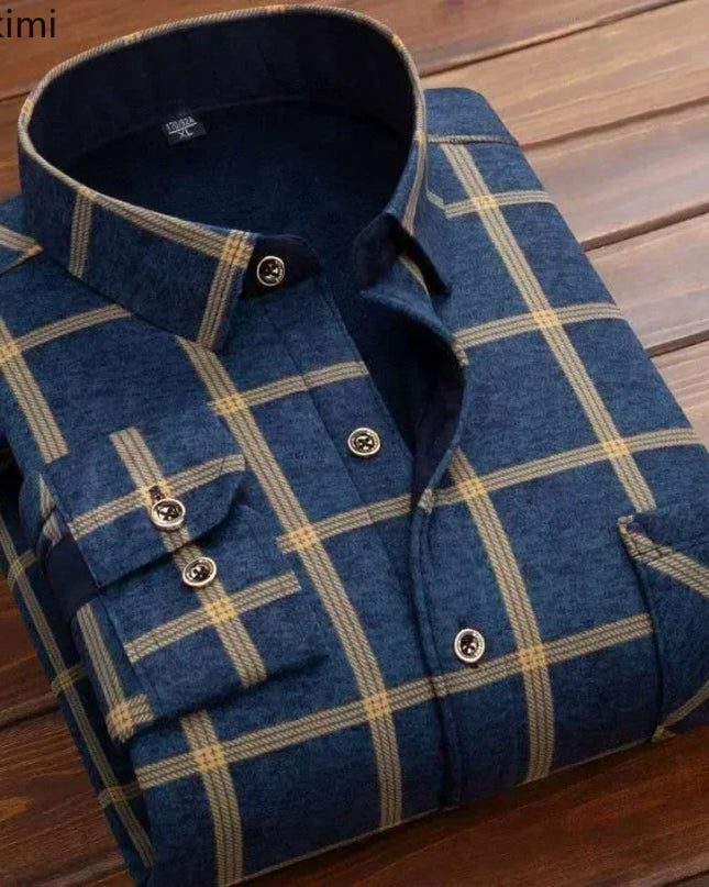 Men’s Winter Plaid Flannel Shirt – Fur Lined, Fleece‑Lined, Warm Casual Dress Shirt