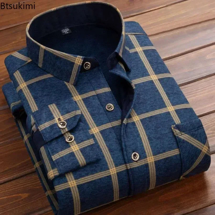 Men’s Winter Plaid Flannel Shirt – Fur Lined, Fleece‑Lined, Warm Casual Dress Shirt