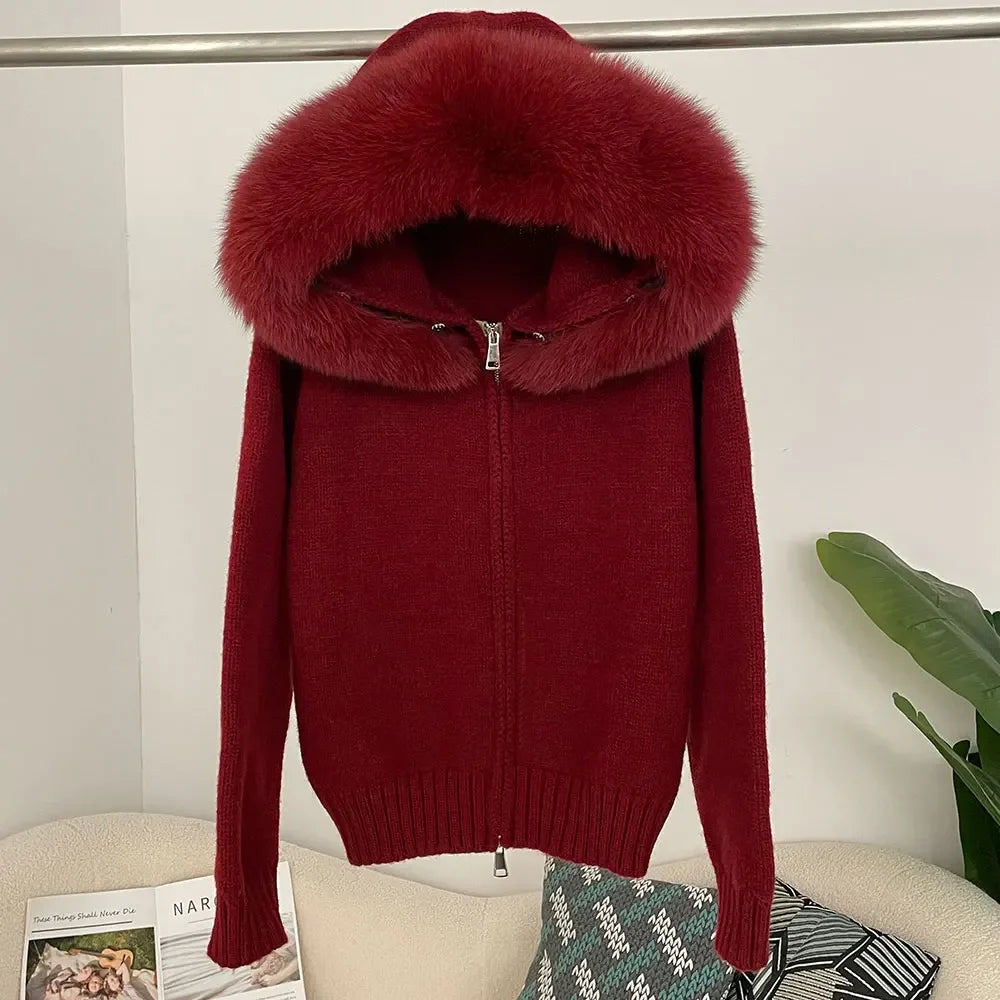 Women’s Hooded Knit Cardigan with Real Fox Fur – Casual Short Coat-HighTouch