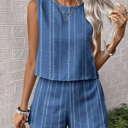 Striped Sleeveless O‑Neck Top & High‑Waist Shorts Set – Lightweight Summer Co‑Ord