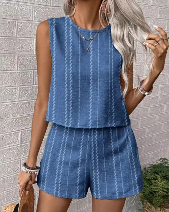 Striped Sleeveless O‑Neck Top & High‑Waist Shorts Set – Lightweight Summer Co‑Ord