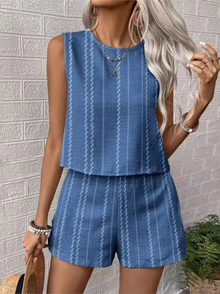 Striped Sleeveless O‑Neck Top & High‑Waist Shorts Set – Lightweight Summer Co‑Ord