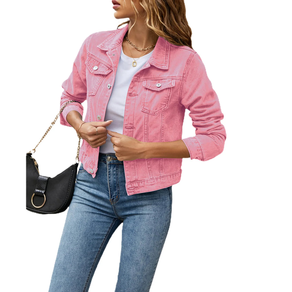 Slim-Fit Button-Down Denim Jacket – Cropped Denim Jacket-HighTouch