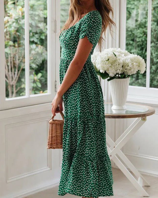 Vintage Floral Square‑Collar Puff‑Sleeve Maxi Dress with Slit