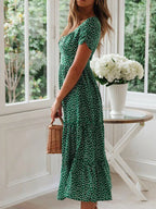 Vintage Floral Square‑Collar Puff‑Sleeve Maxi Dress with Slit-HighTouch