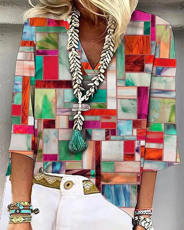 Vintage 3D Floral Oversized V‑Neck Tee – Breezy Summer Style