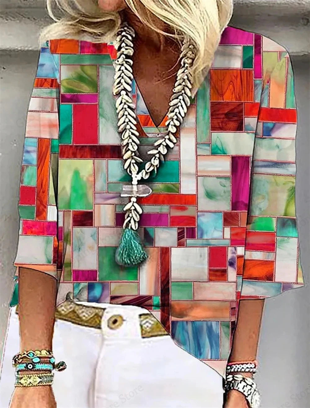 Vintage 3D Floral Oversized V‑Neck Tee – Breezy Summer Style