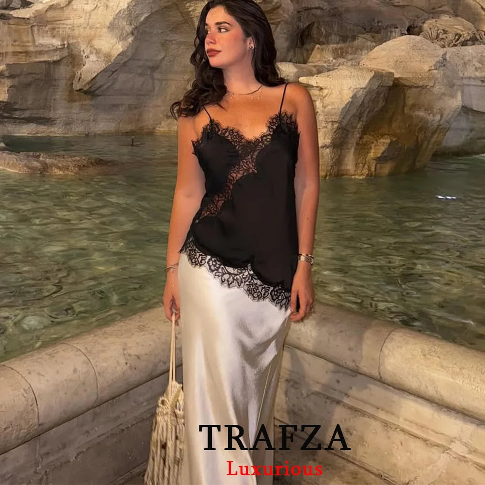 Black Lace Cami Top – Sexy V-Neck Y2K Sleeveless Patchwork Blouse