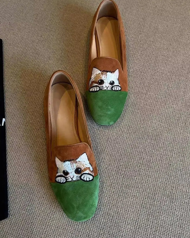 Cat Embroidered Ballet Slippers