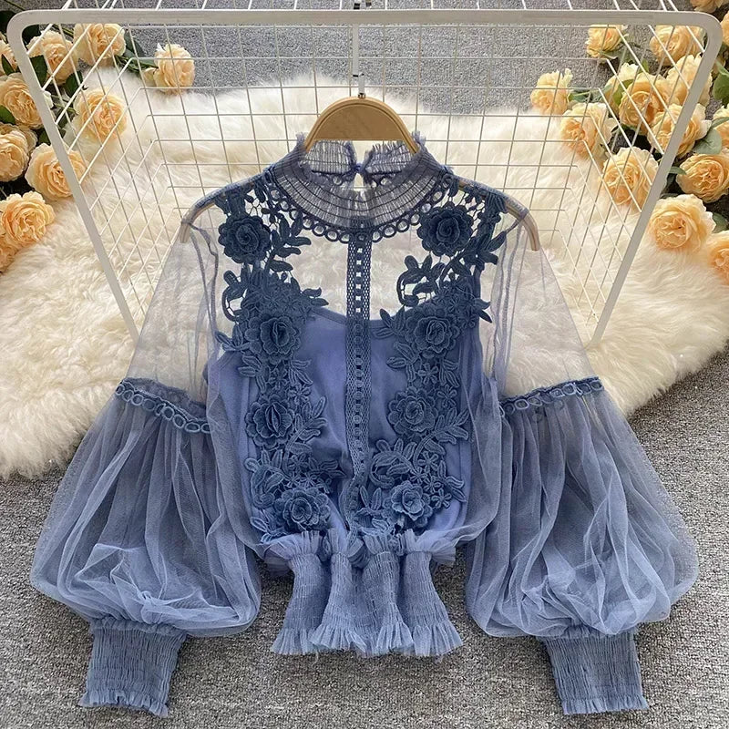 Romantic Lace Puff Long-Sleeve Blouse – Timeless Elegance & Feminine Charm
