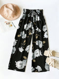 Plus Size Floral Print Bow Front Wide Leg Pants