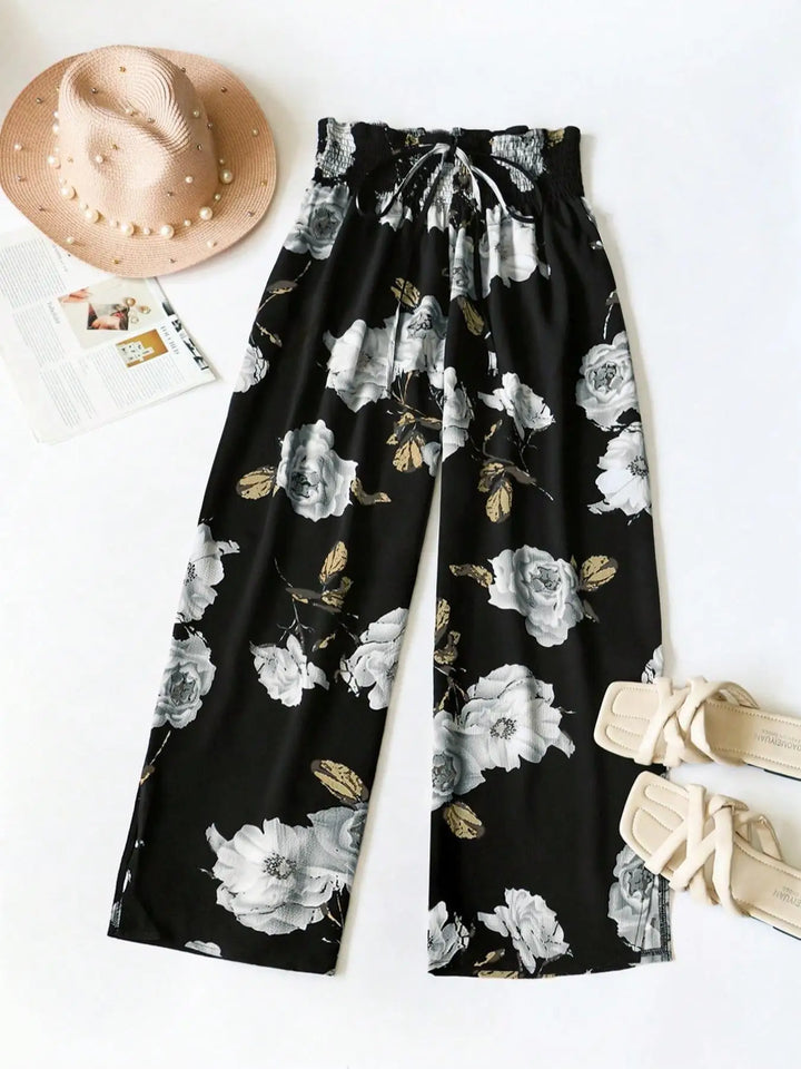 Plus Size Floral Print Bow Front Wide Leg Pants