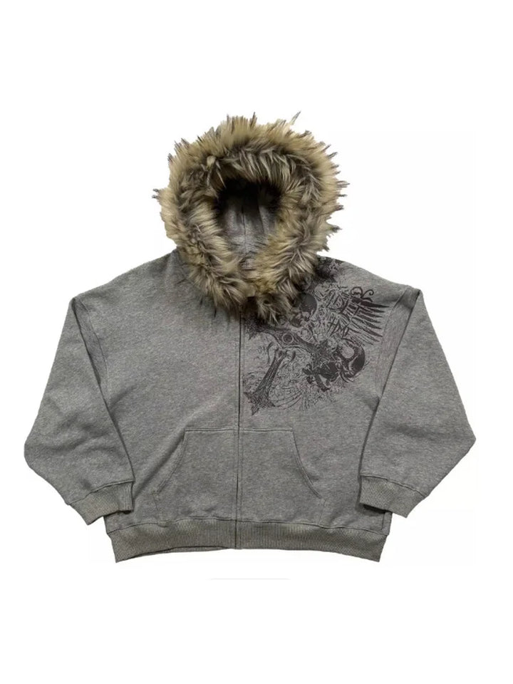 Autumn Winter Y2k Women Aesthetic Harajuku Faux Fur Collar Hoodies Clothes Graphic Hip Hop Punk Gothic Zip Up Hoodies