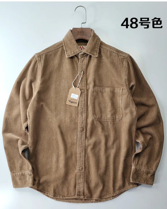 Vintage Retro Corduroy Button-Down Shirt Men –  Cotton Long Sleeve