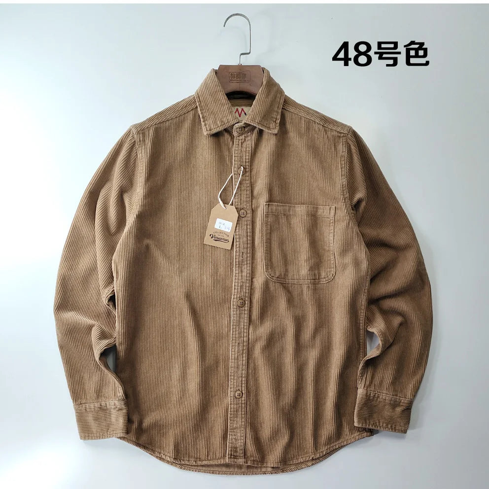 Vintage Retro Corduroy Button-Down Shirt Men –  Cotton Long Sleeve