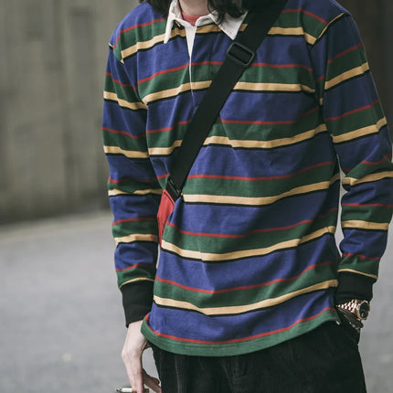 Non Stock Ivy League Fashion Striped Polo Shirt Retro Preppy Style Men's Long-Sleeve Tee