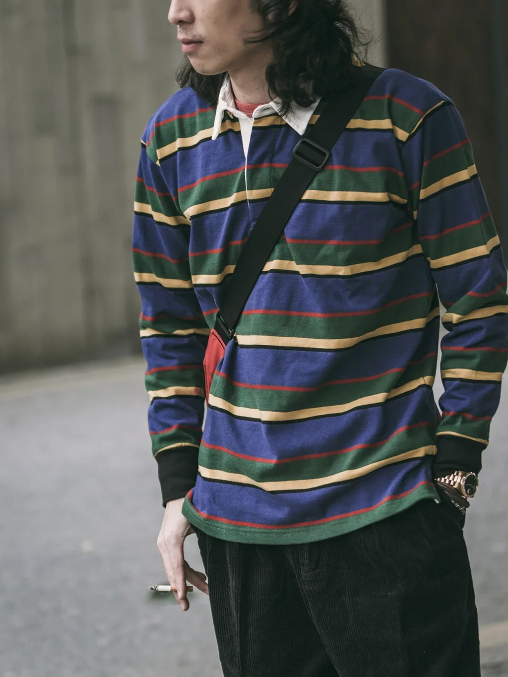 Non Stock Ivy League Fashion Striped Polo Shirt Retro Preppy Style Men's Long-Sleeve Tee