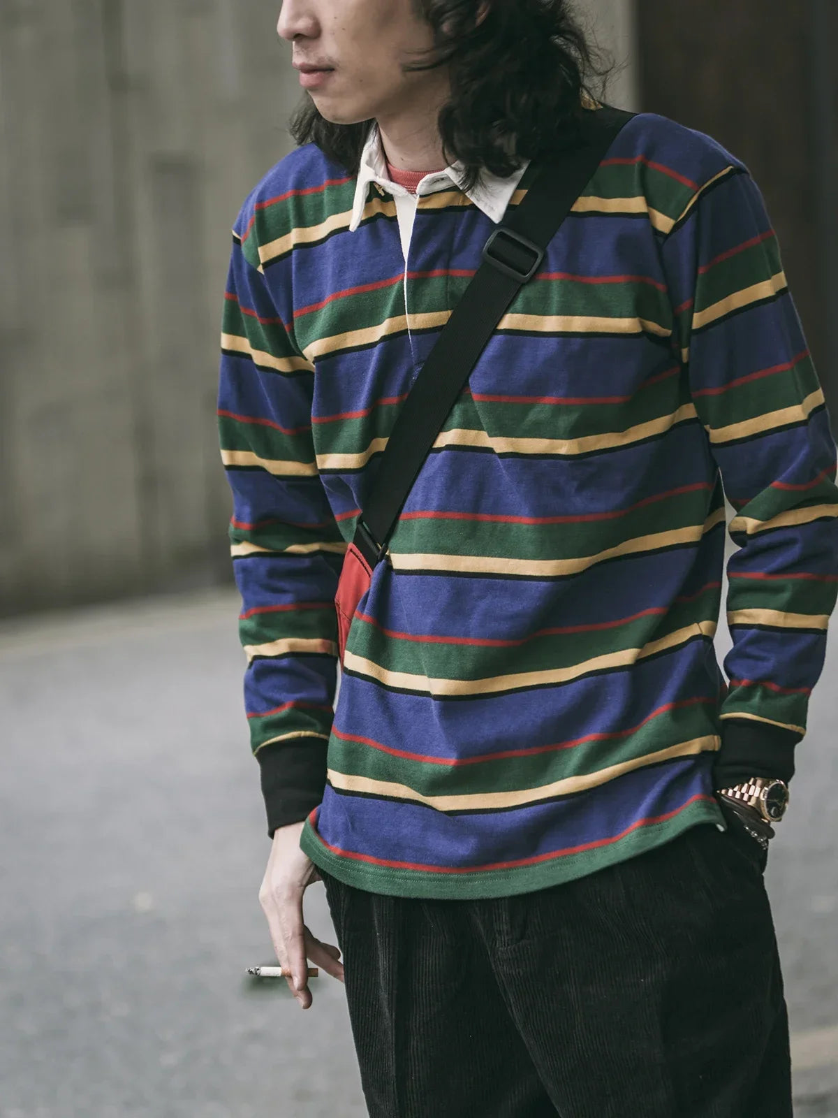 Niet op voorraad Ivy League modieus gestreept poloshirt retro preppy stijl heren shirt met lange mouwen