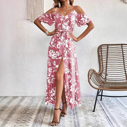 Boho Floral Cold-Shoulder Split Maxi Dress Women