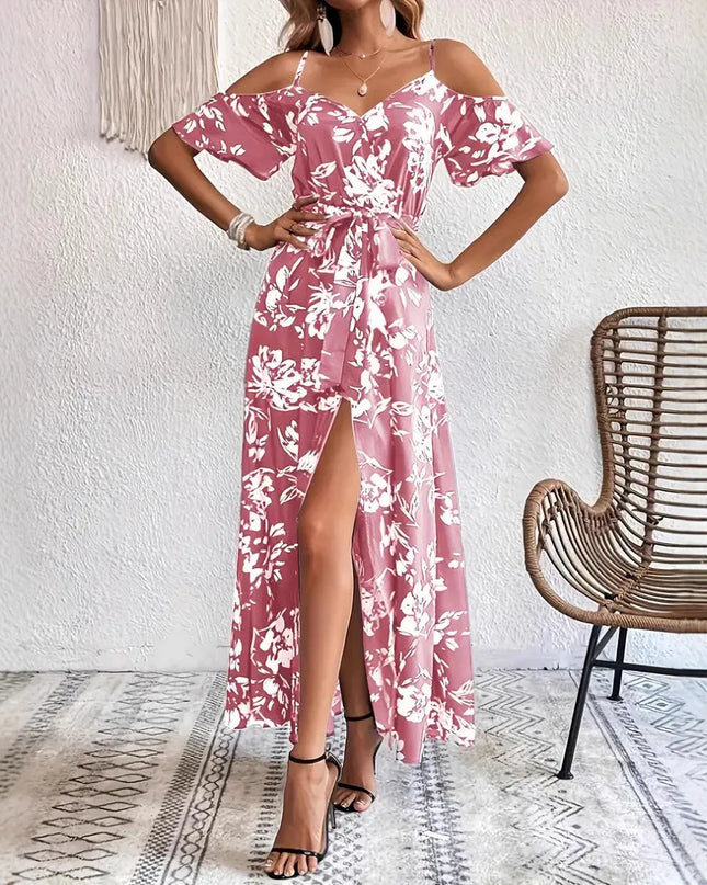 Boho Floral Cold-Shoulder Split Maxi Dress Women