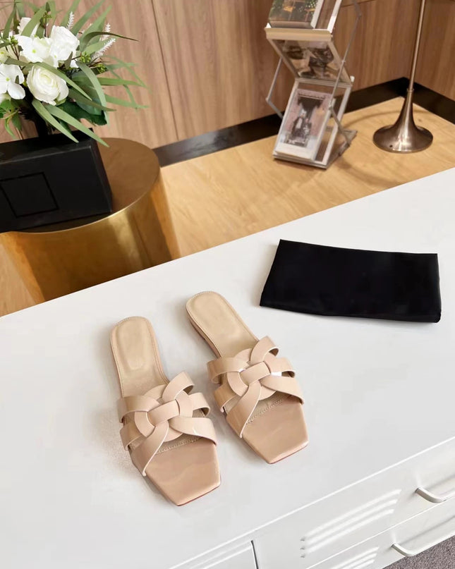 Genuine Leather Square Toe Summer Slides