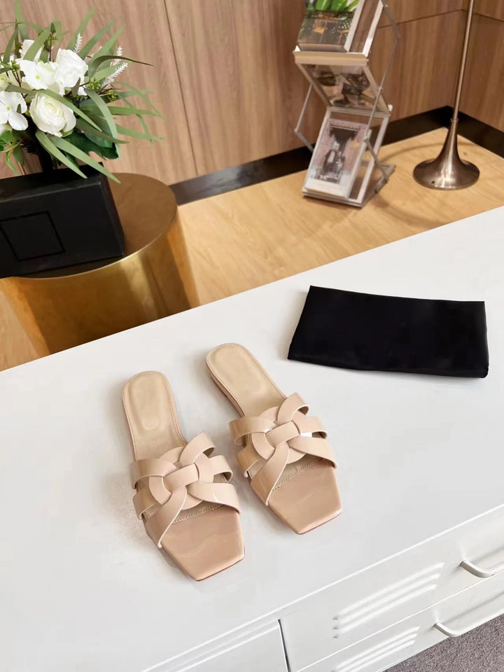 Women’s Genuine Leather Square Toe Summer Slides Casual Slip-On Sandals-HighTouch