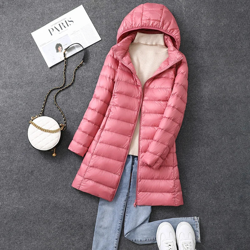 Women's X-Long Office Lady Hat Detachable Puffer Jacket
