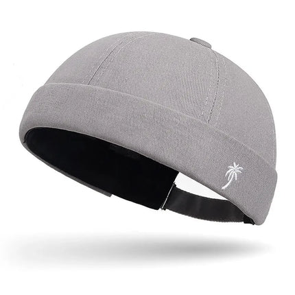 Vintage Washed Cotton Brimless Beanie Hat – Embroidered Coconut Tree (Unisex Adjustable)