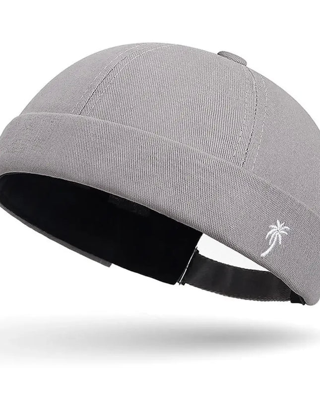 Vintage Washed Cotton Brimless Beanie Hat – Embroidered Coconut Tree (Unisex Adjustable)