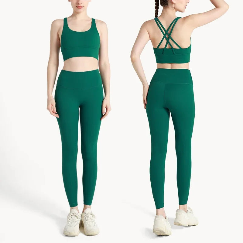 Summer New 2 Piece Yoga Clothes Women's Tracksuit Athletic Cross Back Nylon Yoga Top Women Sports Bra Leggings Pilates Fitness-HighTouch