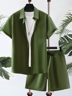 Men’s Solid Color Hawaiian Shirt & Shorts Set – Oversized Summer 2-Piece-HighTouch