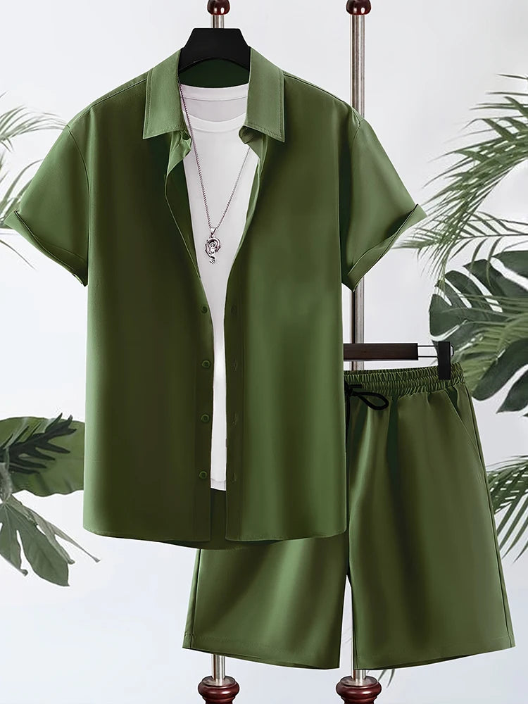 Men’s Solid Color Hawaiian Shirt & Shorts Set – Oversized Summer 2-Piece