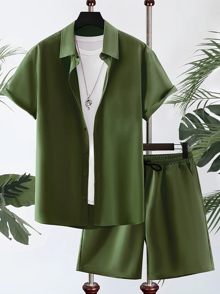 Men’s Solid Color Hawaiian Shirt & Shorts Set – Oversized Summer 2-Piece-HighTouch