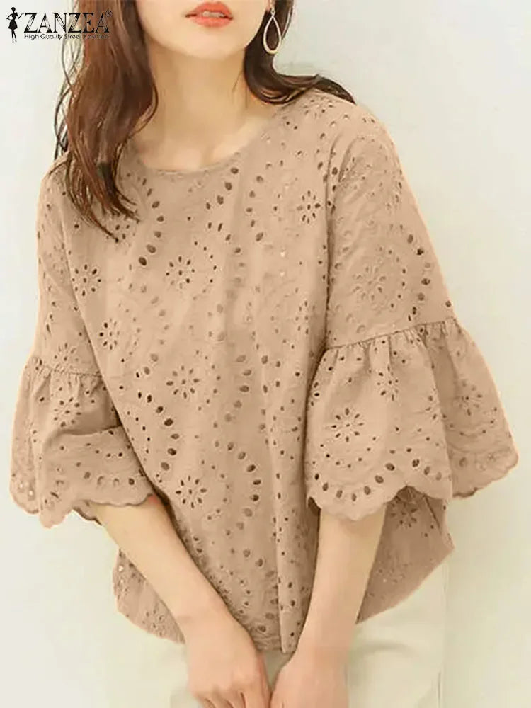 Elegant Hollow-Out Lace Blouse-HighTouch