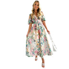 Boho Puff-Sleeve Maxi Dress – Printed, Waist-Trimming & Effortless Holiday Style