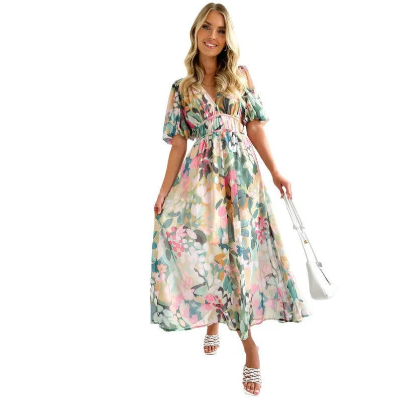 Boho Puff-Sleeve Maxi Dress – Printed, Waist-Trimming & Effortless Holiday Style