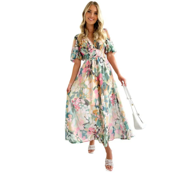 Boho Puff-Sleeve Maxi Dress – Printed, Waist-Trimming & Effortless Holiday Style-HighTouch