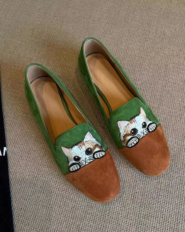 Cat Embroidered Ballet Slippers