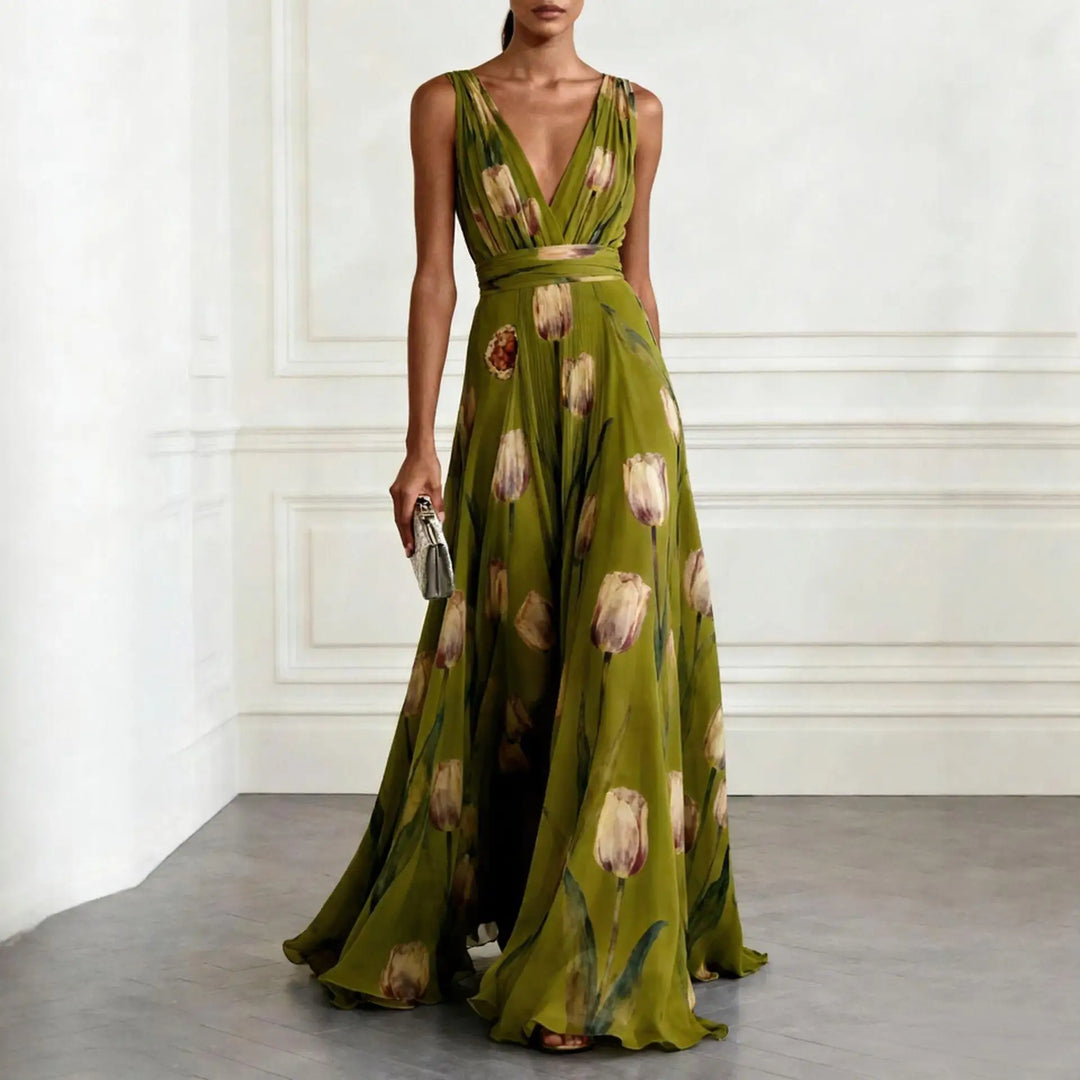 Josephina | Tulip Print V-Neck Maxi Wedding Guest Dress
